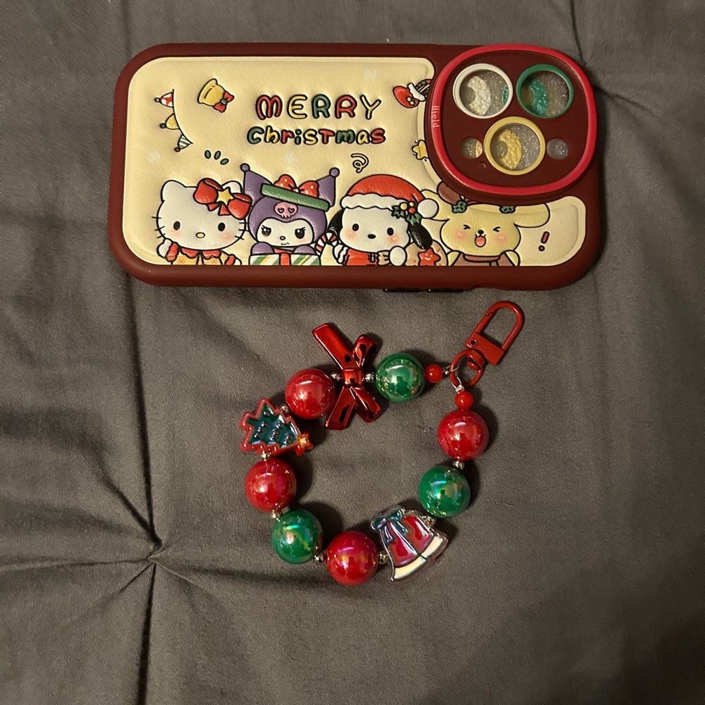 Sanrio Christmas Phone Case with Red and Green Charms attachment